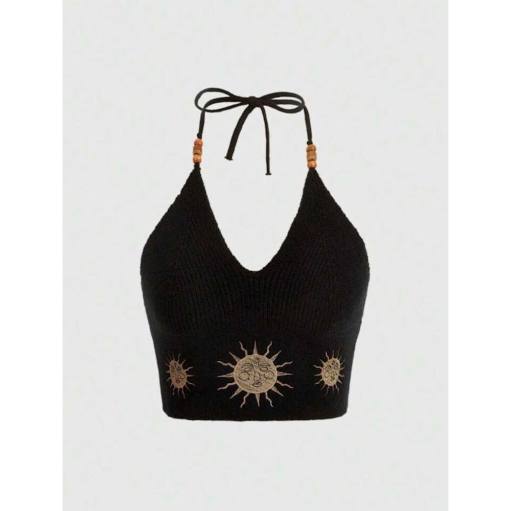 ROWE 5XL Black Sun Embroidered Halter Crop Top Boho Knit Beaded Festival